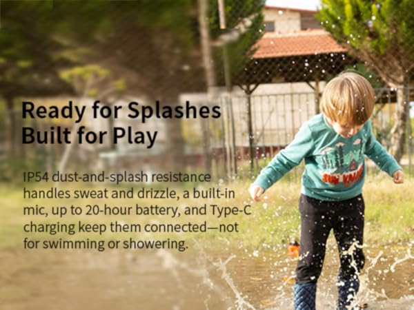 P54 water-resistant kids headphones handle sweat, light rain, and playground splashes.