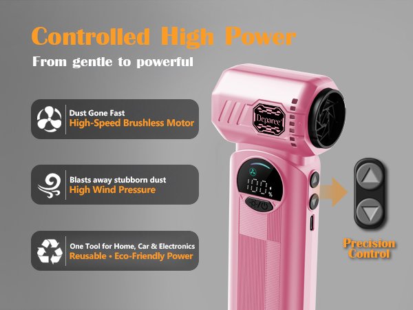 Pink air duster with adjustable airflow buttons for precise cleaning and high wind pressure use