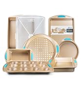 Baking Pan 8 Piece Set Nonstick Gold Carbon Steel Oven Bakeware Kitchen Set with Silicone Handles