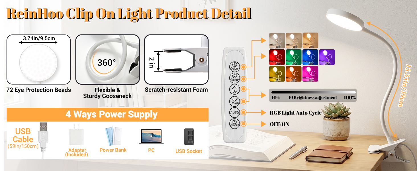 Clip on Lamp,10 RGB Colors+10 Brightness Clamp Light