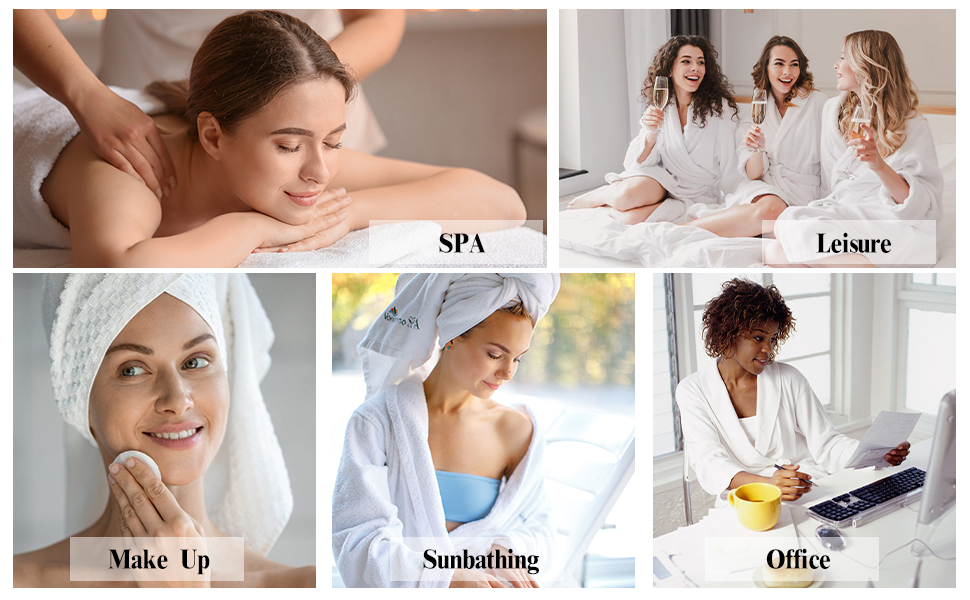 Lifestyle photo collage showing six different scenes labeled SPA, Leisure, Make Up, Sunbathing, and Office, featuring wellness and self-care activities.