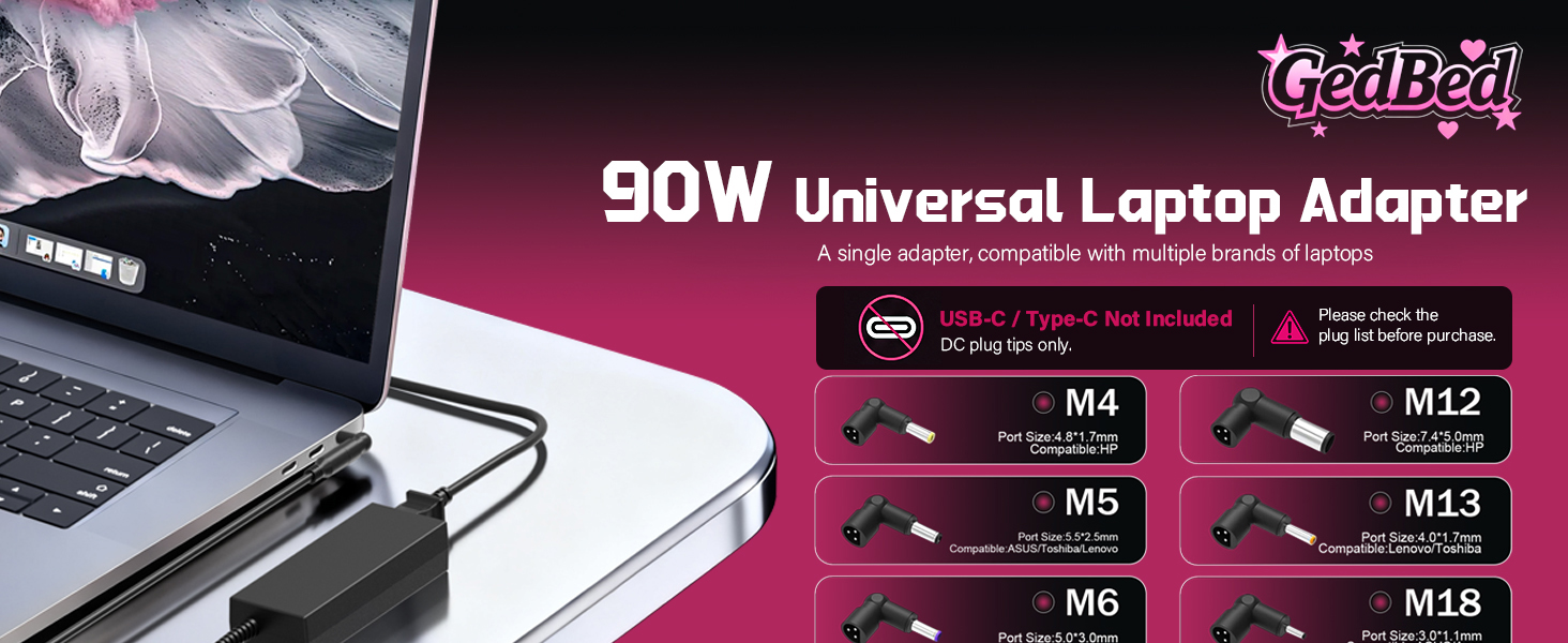 Text reads '90W Universal Laptop Adapter' with compatibility chart showing models M4, M5, M6, M7, M8, M9, M10, M11, M12. Black power adapter with coiled cable displayed on laptop in product packaging.