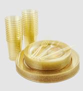 Vplus 150pcs Gold Plastic Plates with Disposable Plastic Silverware&amp;Gold Cups- Gold Glitter Desig...