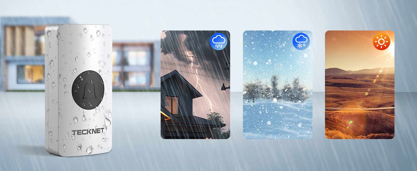 White cylindrical device with speaker grille, alongside four weather condition cards showing rain, snow, and sun icons.