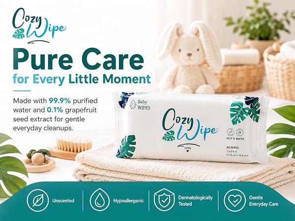 Cozy Wipe baby wipes with purified water formula for gentle everyday cleanups.