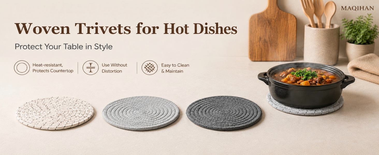 3PCS 7In Woven Trivets, Heat Insulation Shields Table Against Permanent Hot Marks