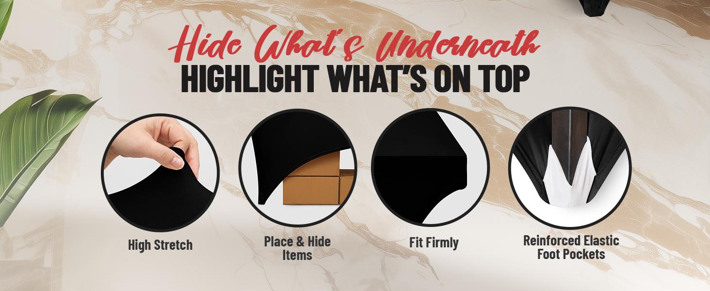 Text reads 'Hide What's Underneath', 'HIGHLIGHT WHAT'S ON TOP'. Four circular detail photos labeled 'High stretch', 'Face &amp; Neckline Details', 'Fit Firmly', 'Reinforced Cuff Pockets' showing fabric features and construction details.