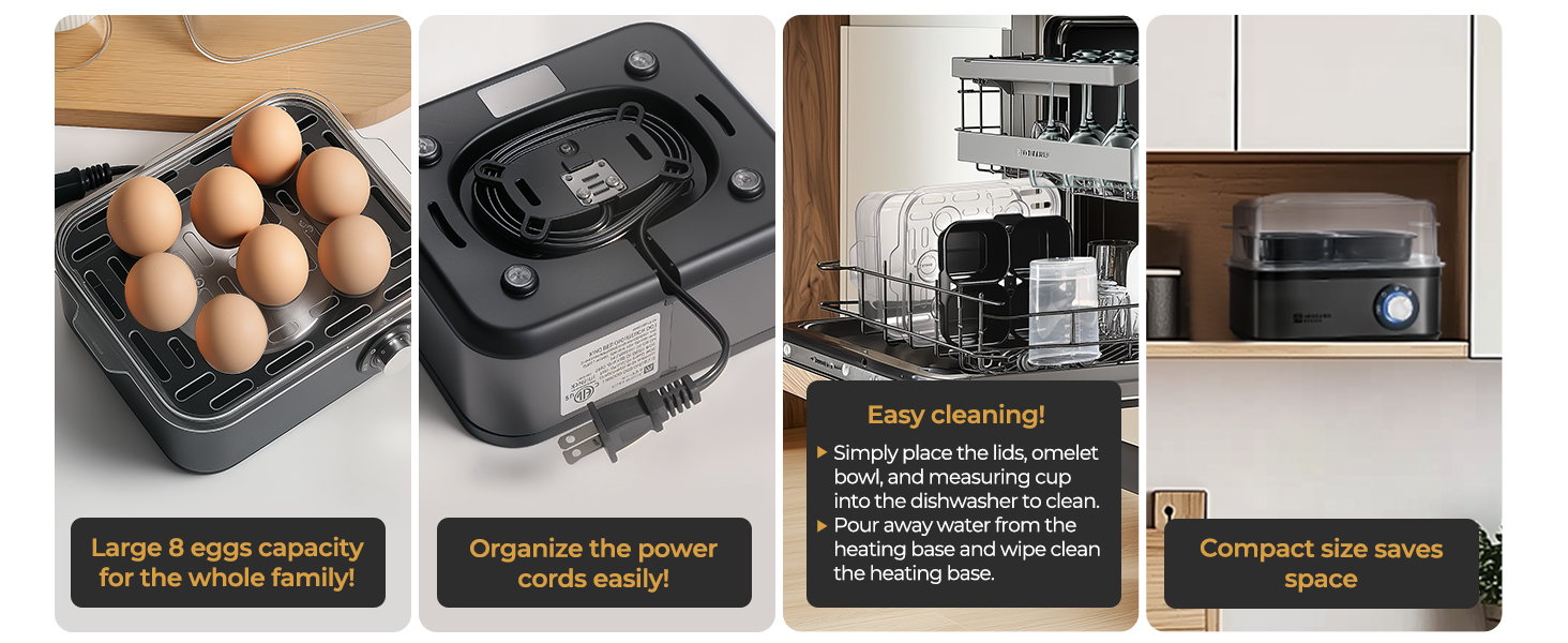 Large 8 eggs capacity. Organize the power cords easily! Easy cleaning! Compact size saves space.