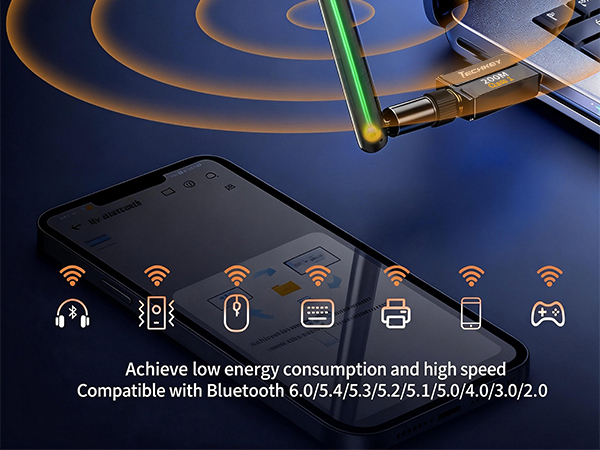 Plug&amp;Play USB Bluetooth 6.0 Adapter for Desktop PC Pair BT Headphones/Speaker/Mouse/Keyboard/Printer