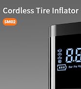 Digital display of a cordless tire inflator showing pressure reading. Text indicates 'Cordless Tire Inflator' and model number 'SM02'.