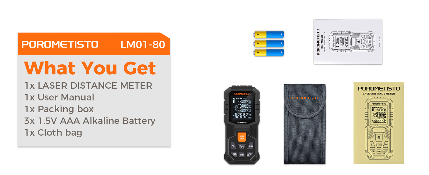 Text reads 'DUMPING15D10 LM01-50' and 'What You Get' followed by package contents list. Product layout showing laser distance meter with accessories and manual.