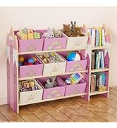 yoopin Toy Storage Organizer with 3 Shelves and 9 Bins, Pink Castle Bookshelf and Bookcase for Ki...