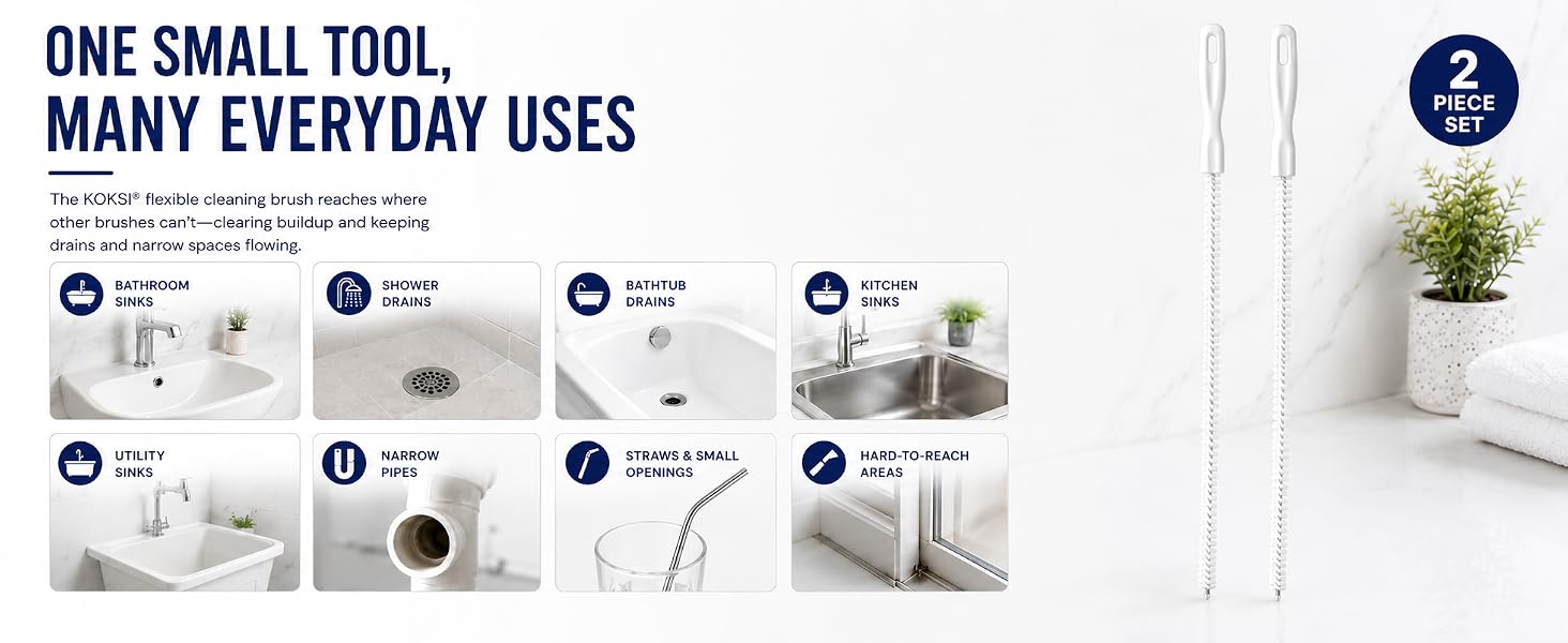 flexible cleaning brush for bathroom sinks, shower drains, bathtub drains, kitchen sinks and small