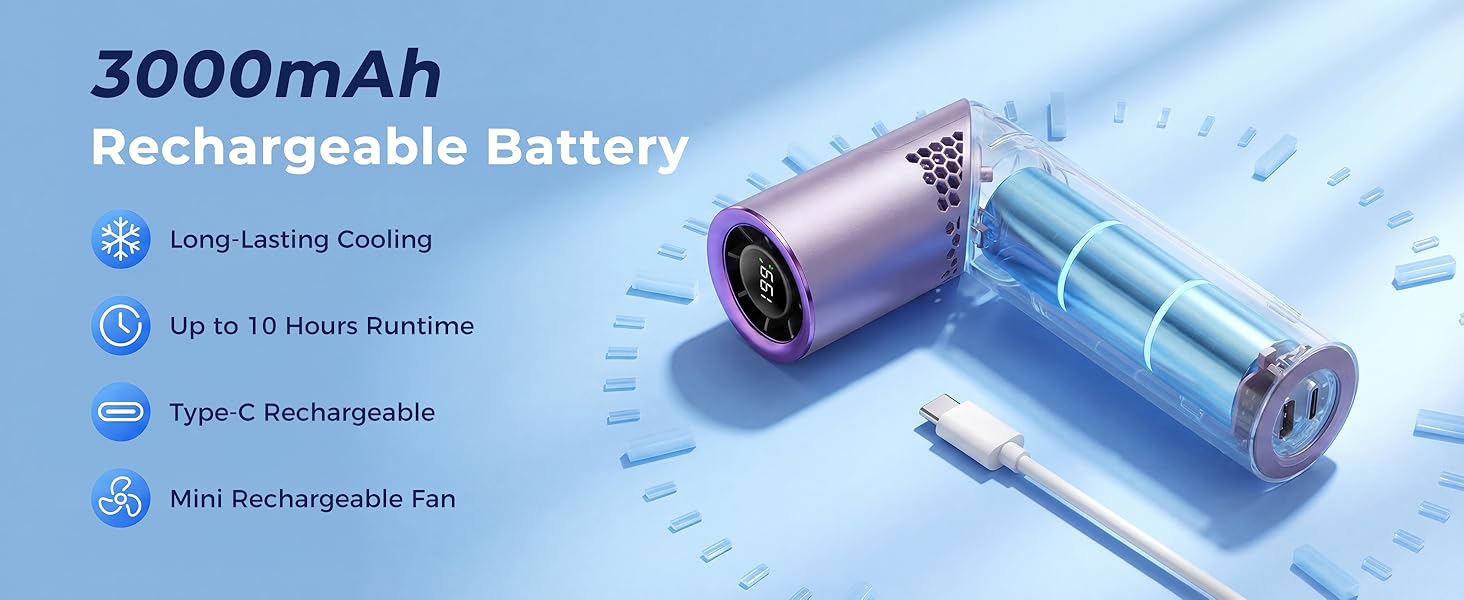rechargeable personal fan with long battery life suitable for outdoor activities and travel use