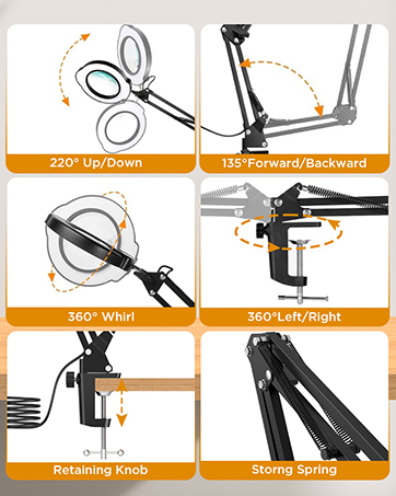 10X Magnifying Glass with Light and Clamp, 5 Color Modes Stepless Dimmable