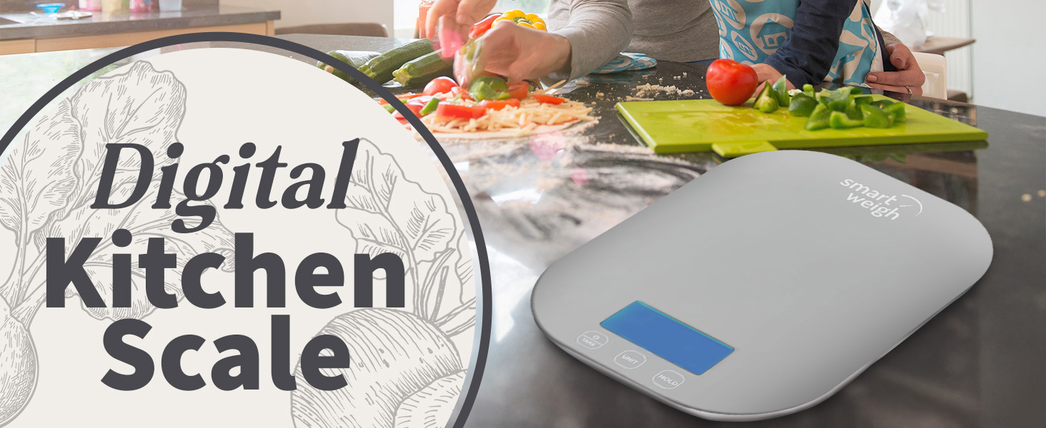 Digital kitchen scale, with food on table