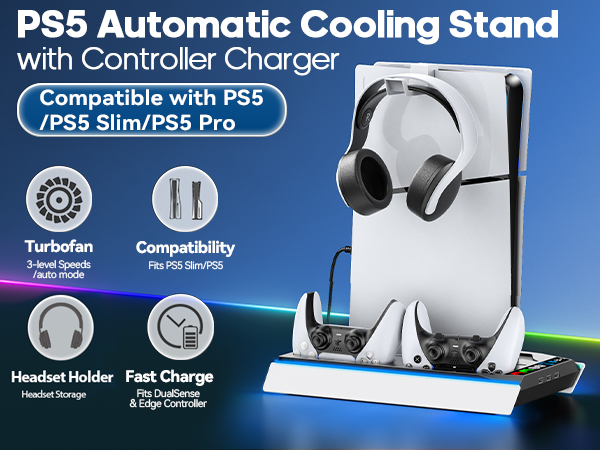 PS5 Automatic Cooling Stand with Controller Charger. White device with cooling fan, headset holder, and charging ports for PS5 controllers.