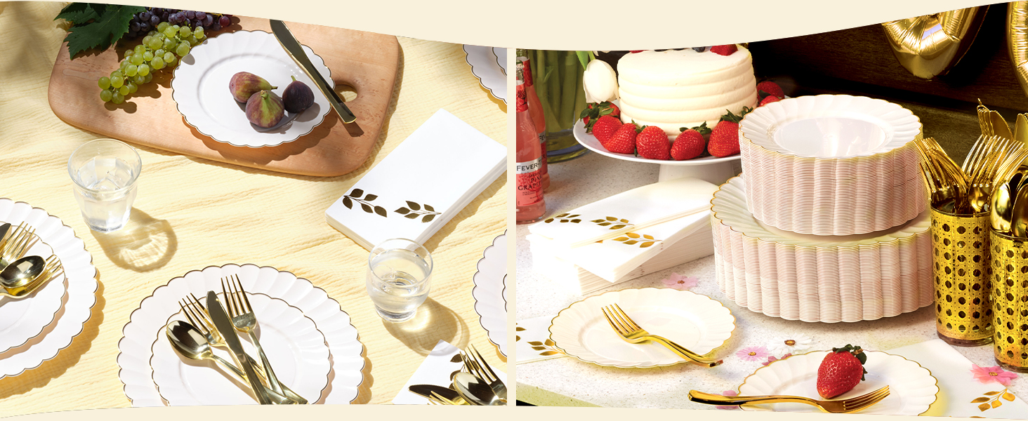 Ivory Scalloped Plastic Plates with Gold Trim casual meal and premium party tableware
