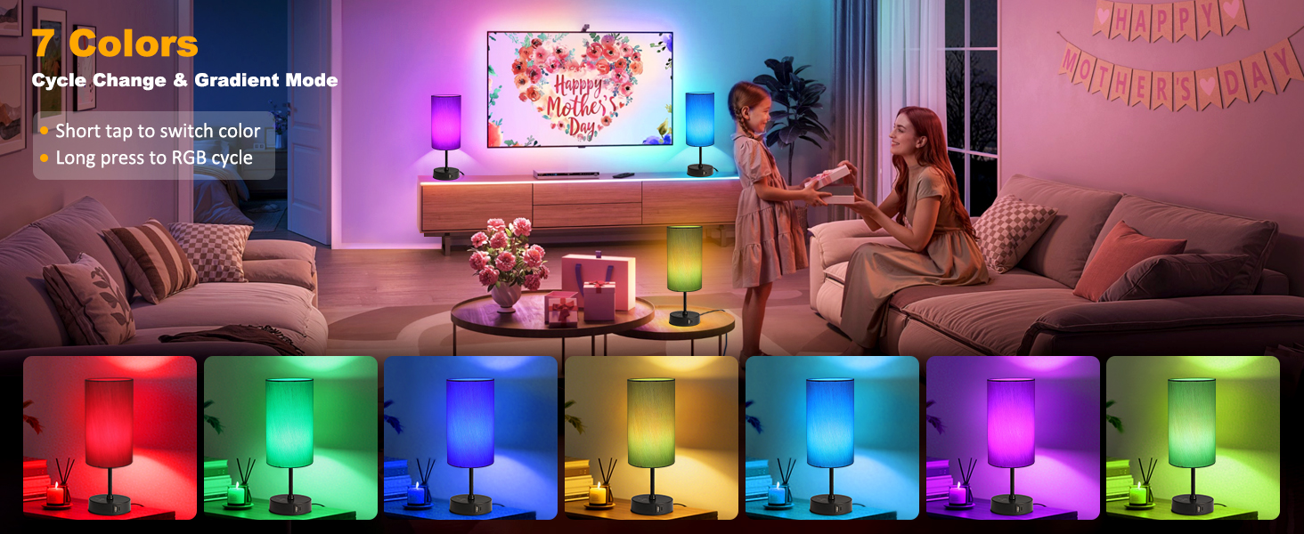 The desk lamp has 7 RGB colors, short tap to swich color and long press to RGB cycle.