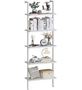 aboxoo Ladder Shelf White Wooden Bookshelf 5-Tier Wall-Mounted Open Wood Rack Industrial Modern P...