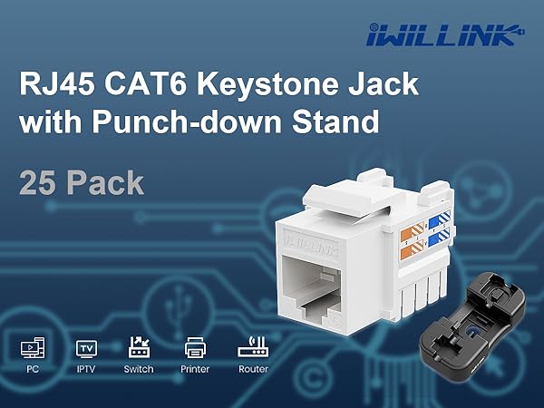 iwillink 25 Pack RJ 45 Cat6 Keystone Jack With Punch-down Stand