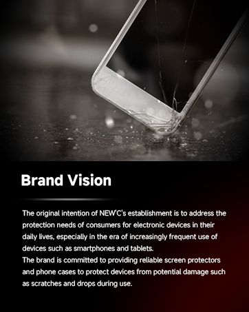 Text reads 'Brand Vision' followed by mission statement about screen protectors. Image shows water droplets on smartphone screen demonstrating water resistance.