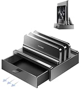 Vaydeer Vertical Laptop Stand with Drawer, Dual Slots Plastic Laptop Holder with Space Saving 4-i...