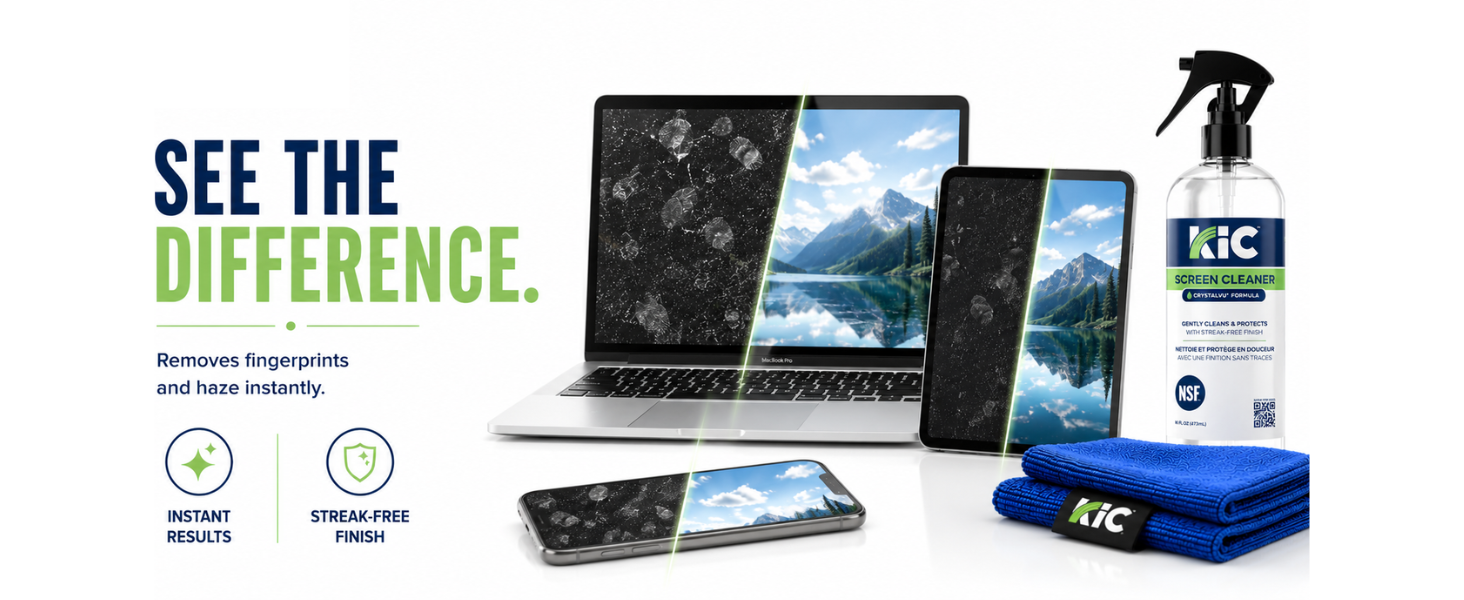 KiC Screen Cleaner removes fingerprints from screens with streak-free finish.