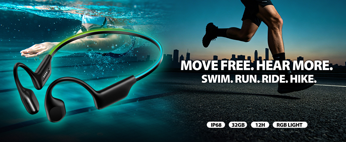 Bone conduction headphones for swimming running cycling with RGB safety light