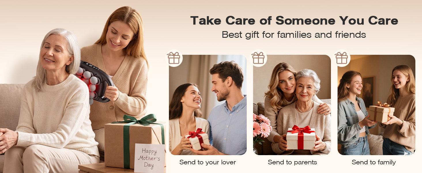 Woman uses a multi-head back massager with family gift scenes for Mother&amp;#39;s Day and friends.