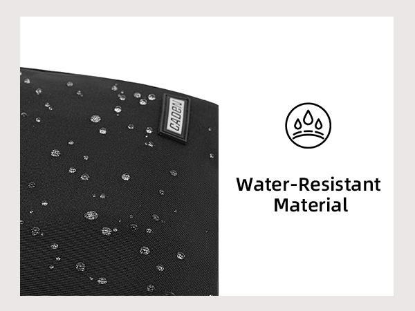 Text reads "Water-Resistant Material" with water droplets beading on black surface, demonstrating water-resistant properties of the material.