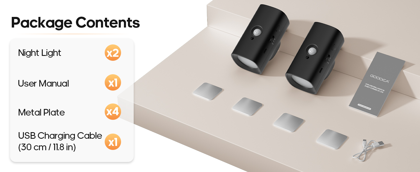 what&amp;#39;s in box? night light*2, user manual, metal plate*4, charging cable*1