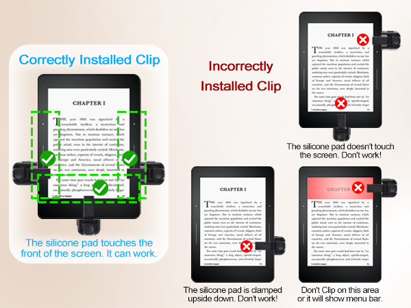Text: 'Correctly Installed Clip' vs 'Incorrectly Installed Clip'. Detailed diagram showing proper and improper e-reader clip installation methods with checkmarks and X marks.