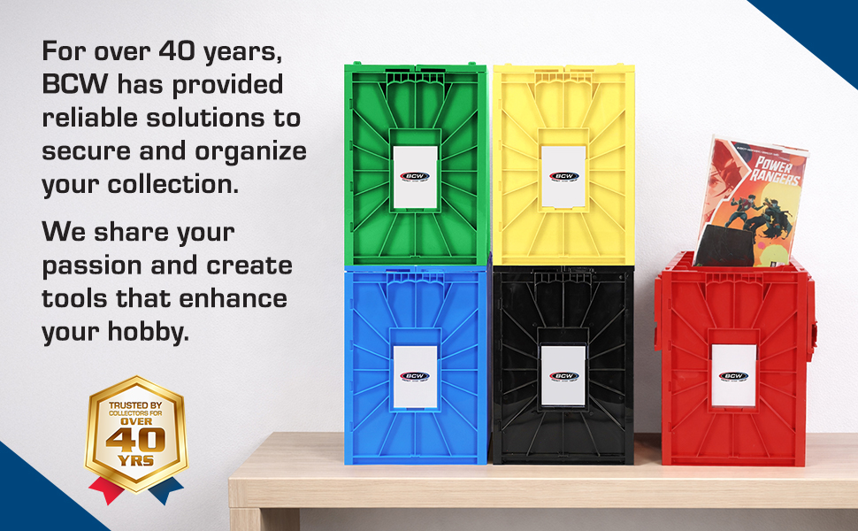 Colorful BCW Short Comic Book Bins with 40+ years trusted badge for comic organization.
