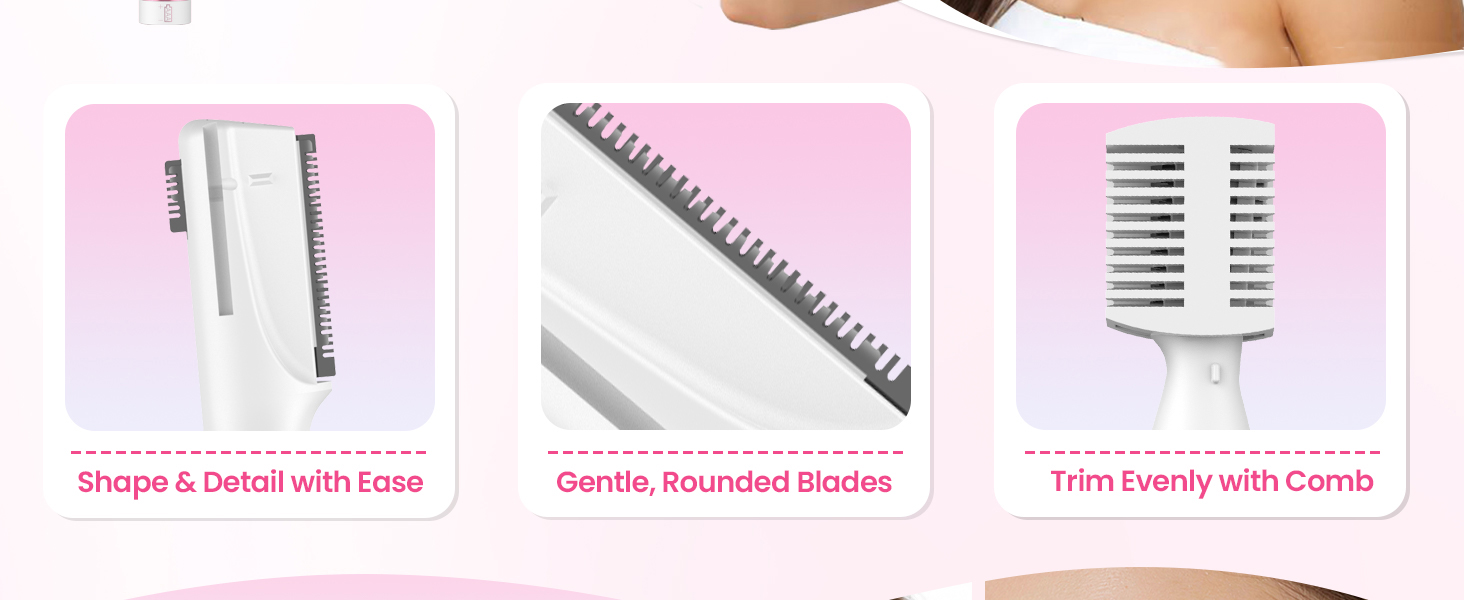Close-up of dual blades, rounded edge and comb attachment on eyebrow trimmer