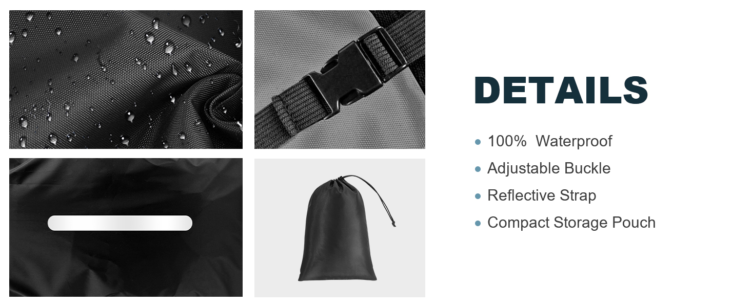 Product details for waterproof item with adjustable buckle, reflective strap, and compact storage pouch. Images show fabric texture and strap.