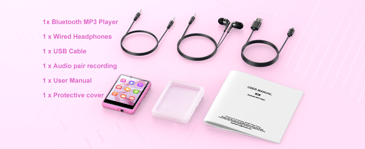 Pink Bluetooth MP3 player set with wired headphones, USB cable, audio jack recording cable, user manual, and protective cover. Player displays colorful app icons on screen.