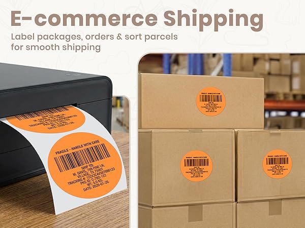 Image shows shipping labels being printed multiple brown cardboard boxes orange shipping labels