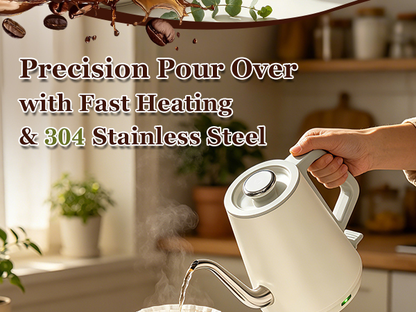 Close-up of food-grade 304 stainless steel liner and BPA-free lid of white gooseneck kettle