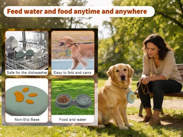 Feed water and food anytime and anywhereSafe for the dishwasherEasy to fold and carryNon-Slip Base