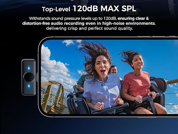Text reads 'Top-Level 120dB MAX SPL'. Wide banner showing outdoor recording scenario with sound level measurement information, demonstrating audio recording capabilities in high-noise environments.