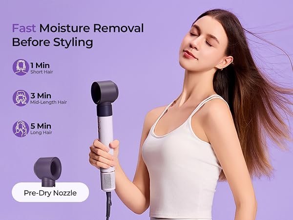 Fast Moisture Removal Before Styling. 1 Min Shot hair, 3 Min Mid-Length Hair, 5 Min Long Hair
