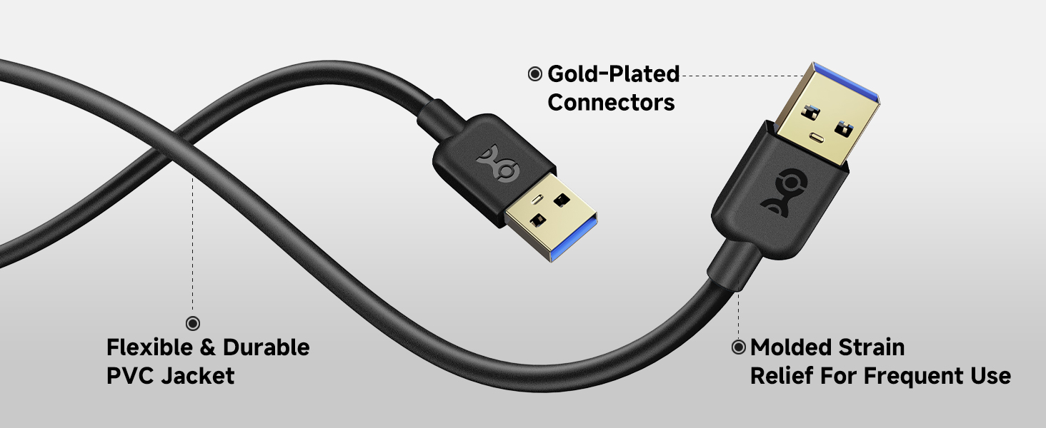 Male to male USB 3.0 cable with gold-plated connectors for error-free data.