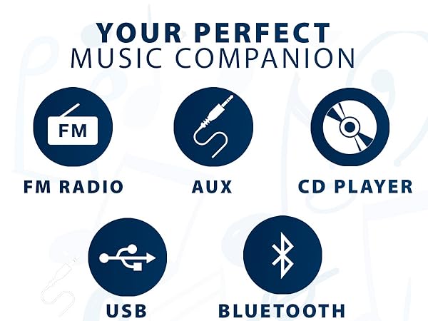 Text reads 'YOUR PERFECT MUSIC COMPANION'. Blue icons showing features: FM RADIO, AUX, CD PLAYER, USB, BLUETOOTH. Marketing banner for audio device features.