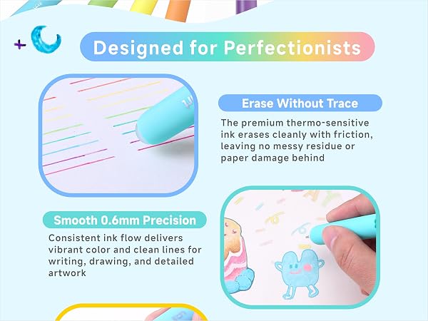 Thermo-sensitive ink disappears completely with friction eraser.