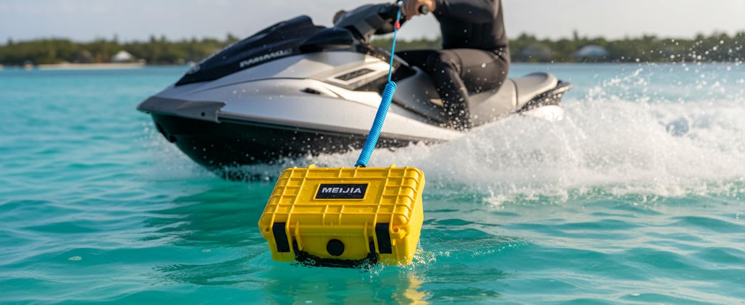 Sequence of action shots showing a yellow SEABOB water vehicle in use, creating splashes as it moves through turquoise ocean water. Device allows user to glide through water at speed.