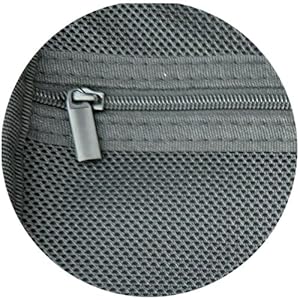 Zipped see-through mesh storage area for cables and accessories