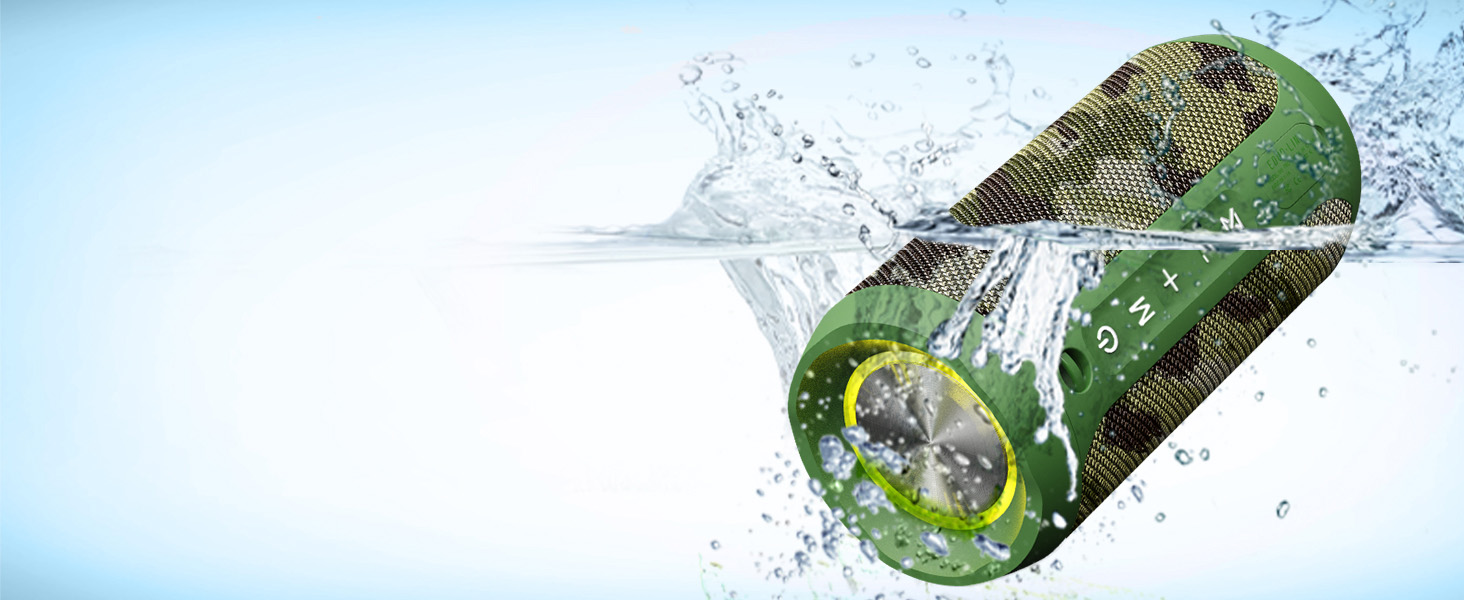 Green cylindrical object with metallic mesh texture splashing into water. Object has circular end with transparent center showing internal components.