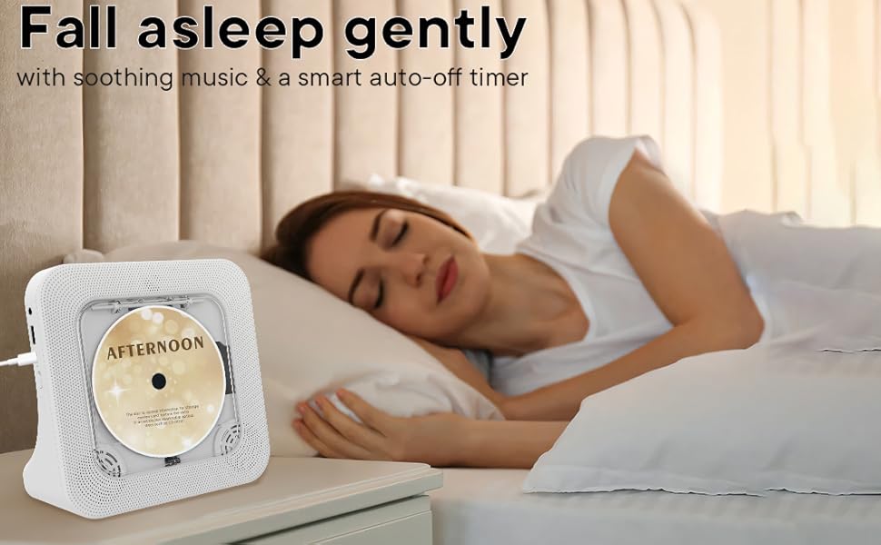 Text reads "Fall asleep gently" with additional tagline text. Person sleeping in bed with white alarm clock displaying time on nightstand beside them.