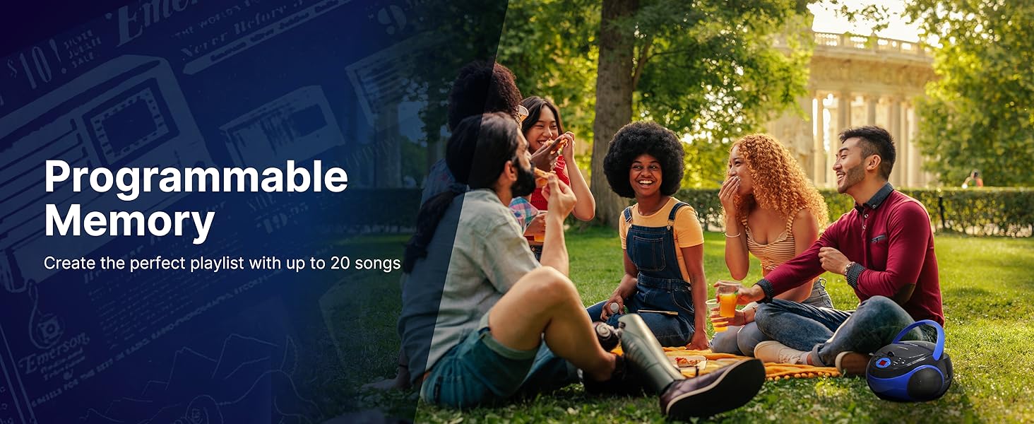 Loud, high quality sound from Emerson Portable CD Player, kids having a family dance party at home